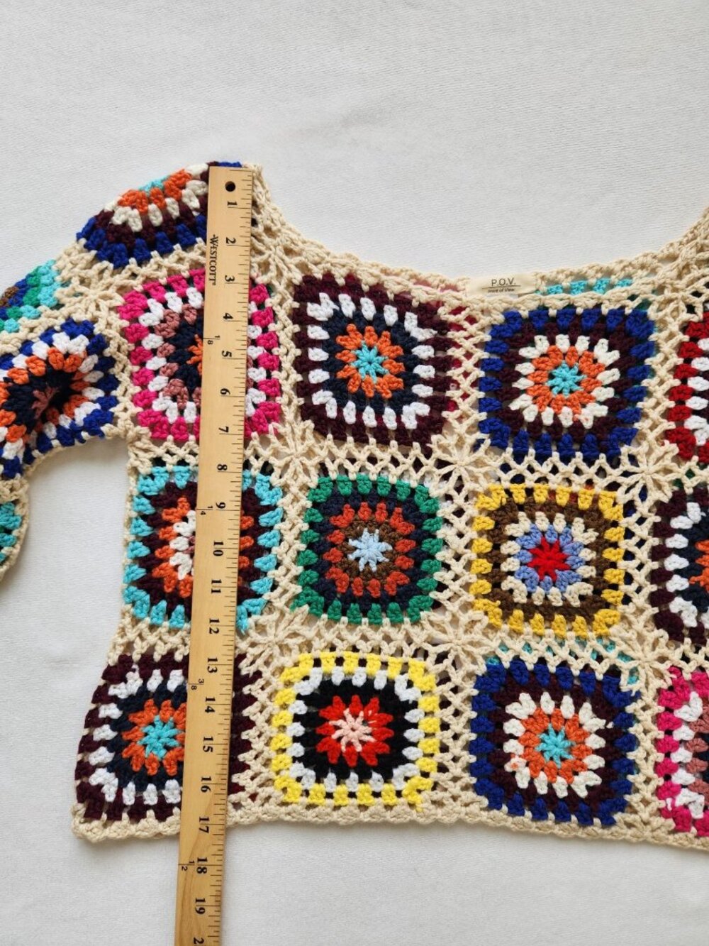 Colorful Crochet Granny Square Sweater Summer Beach Festival Boho Hippie Cropped - Picture 8 of 8